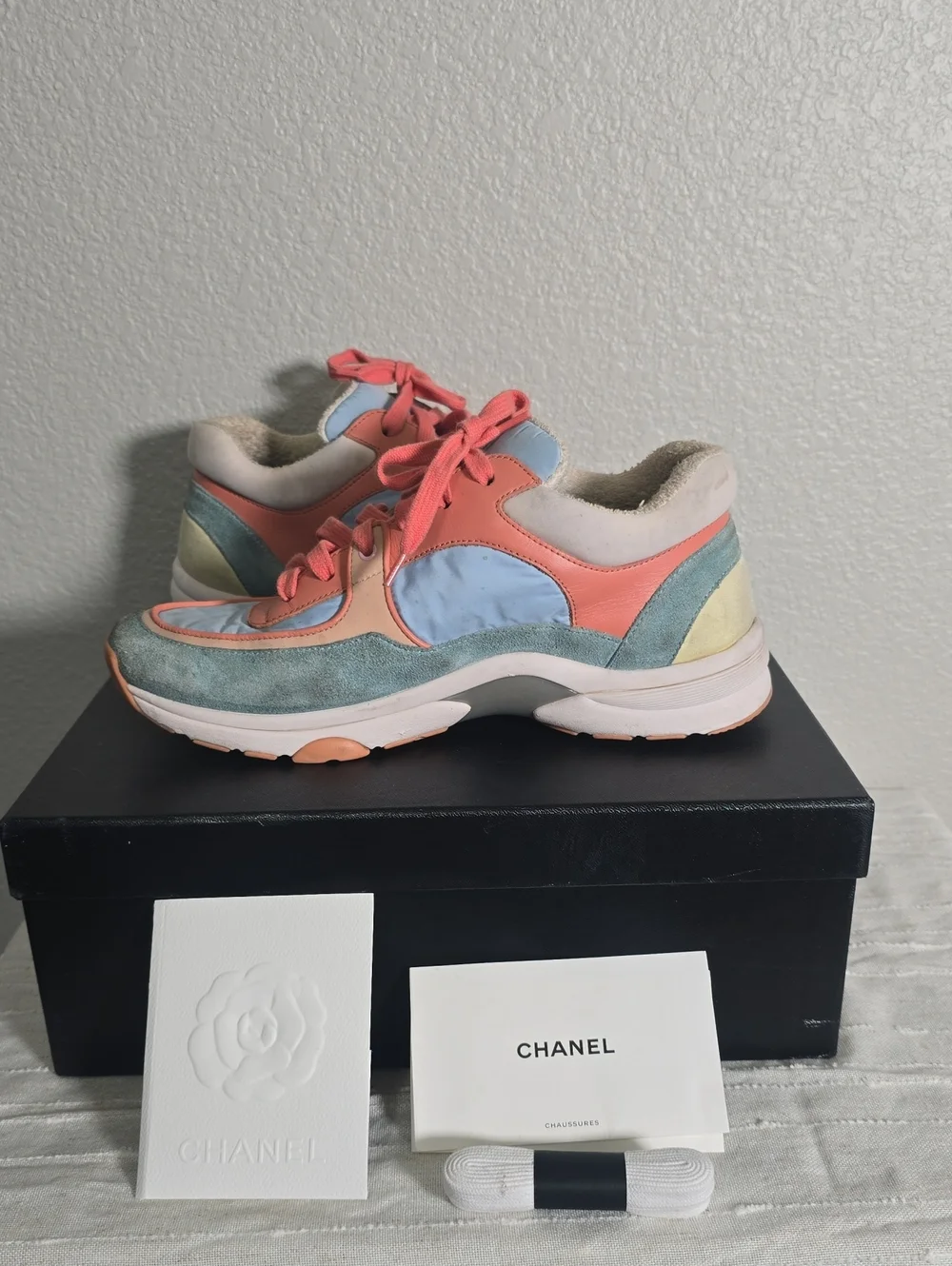 CHANEL Multicolor Leather & Suede Sneaker with Coral and Blue Accents